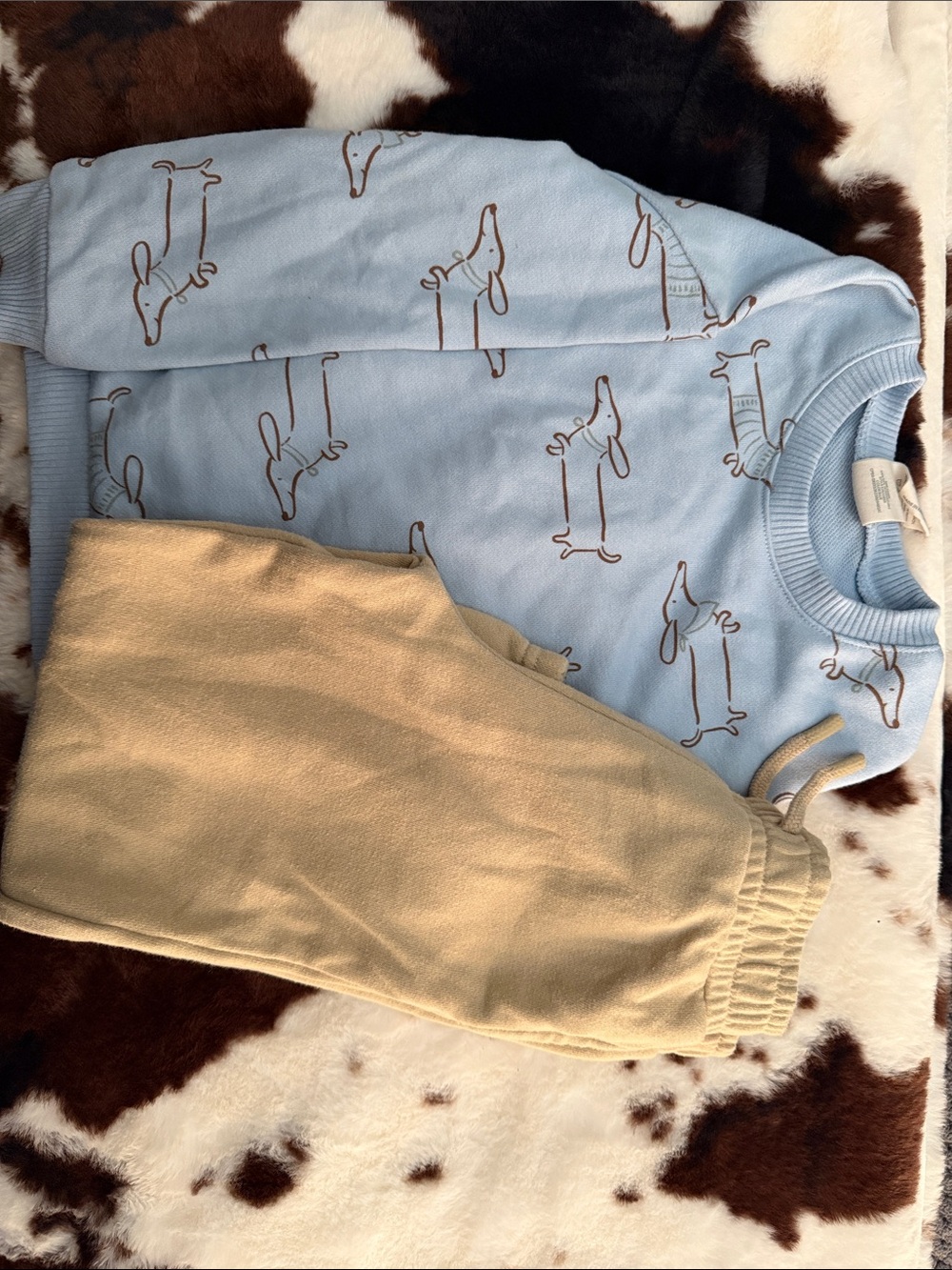 Kids Light Blue Dachshund Print Set with Tan Pants